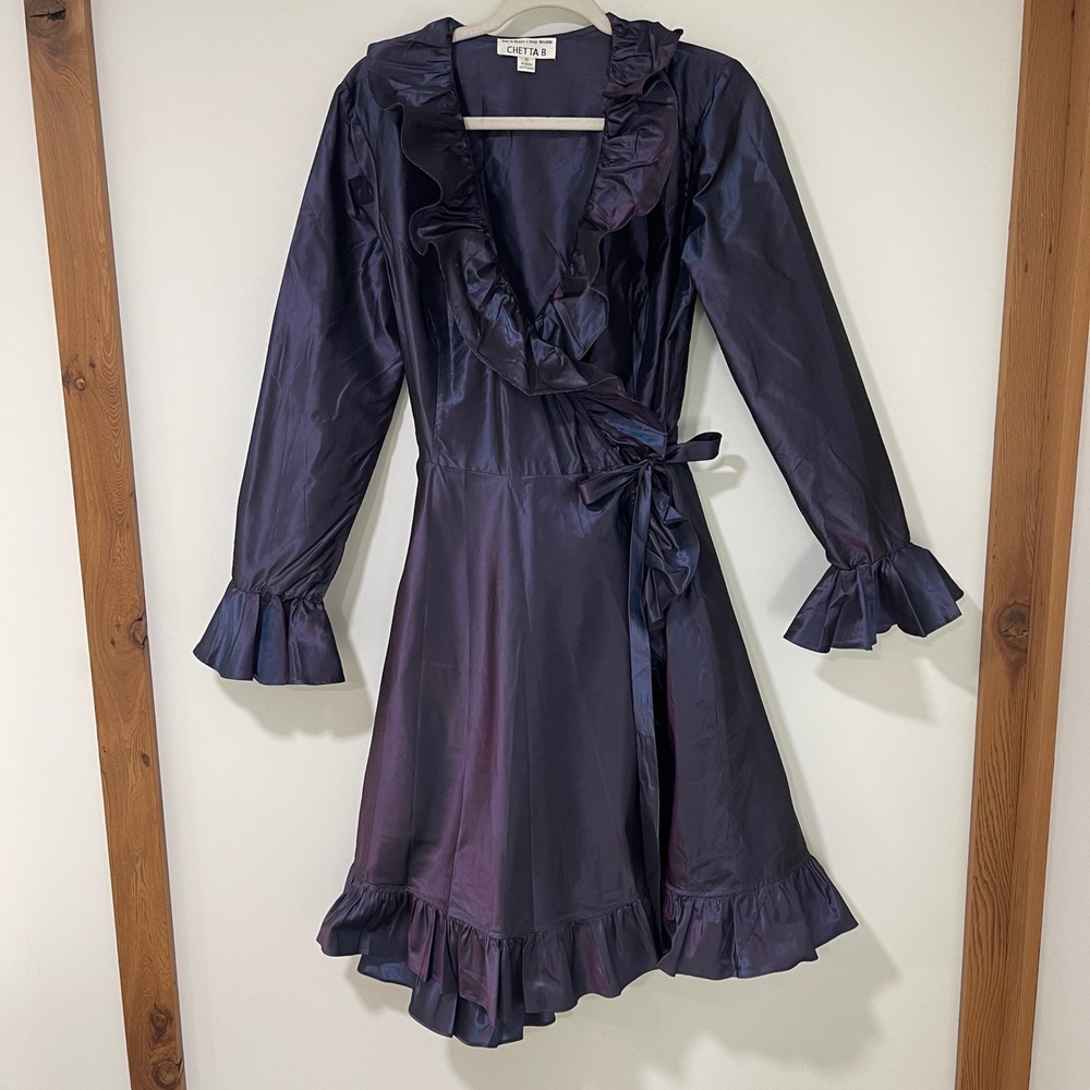 Chetta B Sherrie Bloom Silk Wrap Dress 10 Purple Iridescent‎ Ruffle Long Sleeve